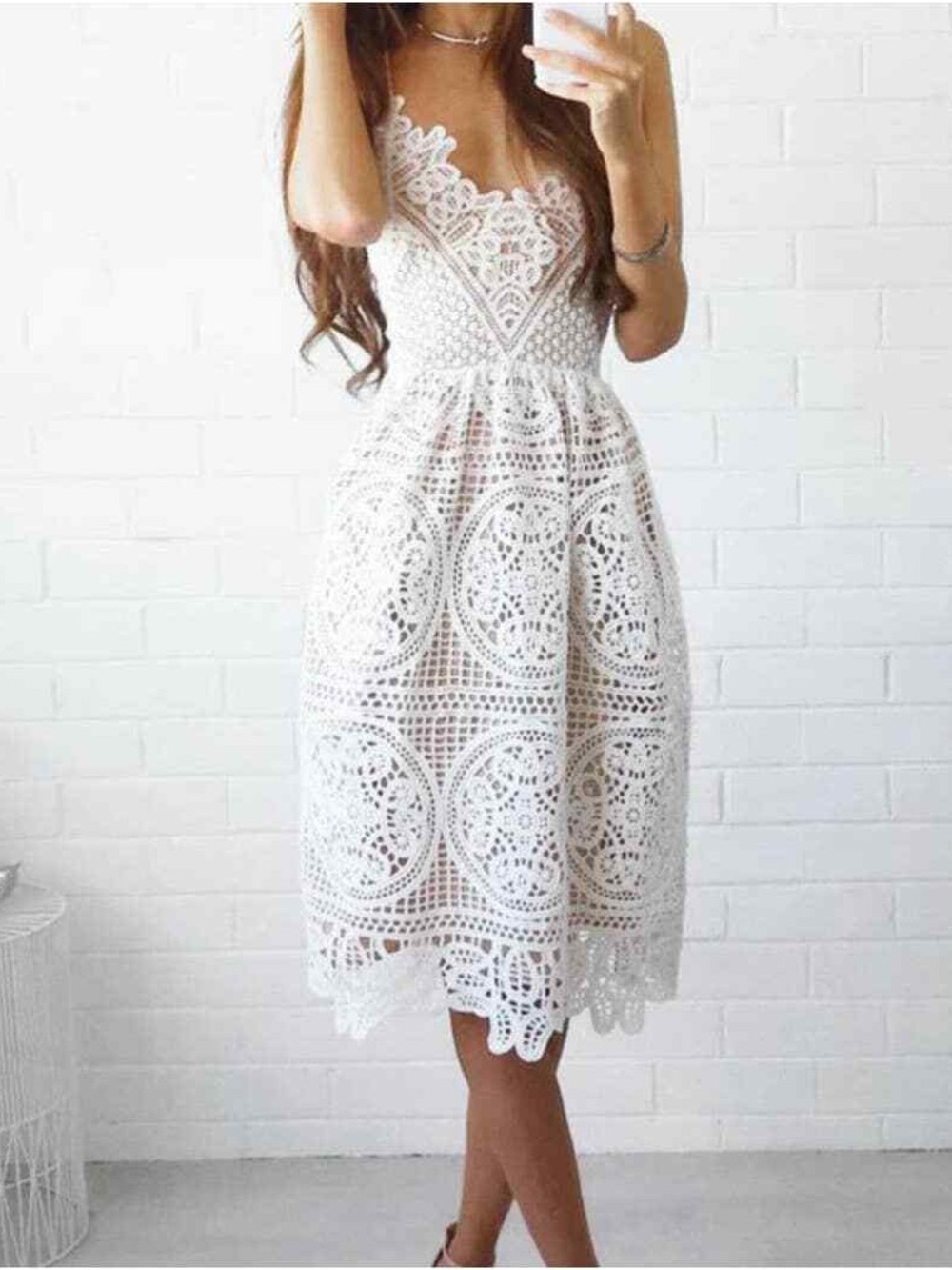 034. Ivory Lace V-Neck Spaghetti Strap Dress